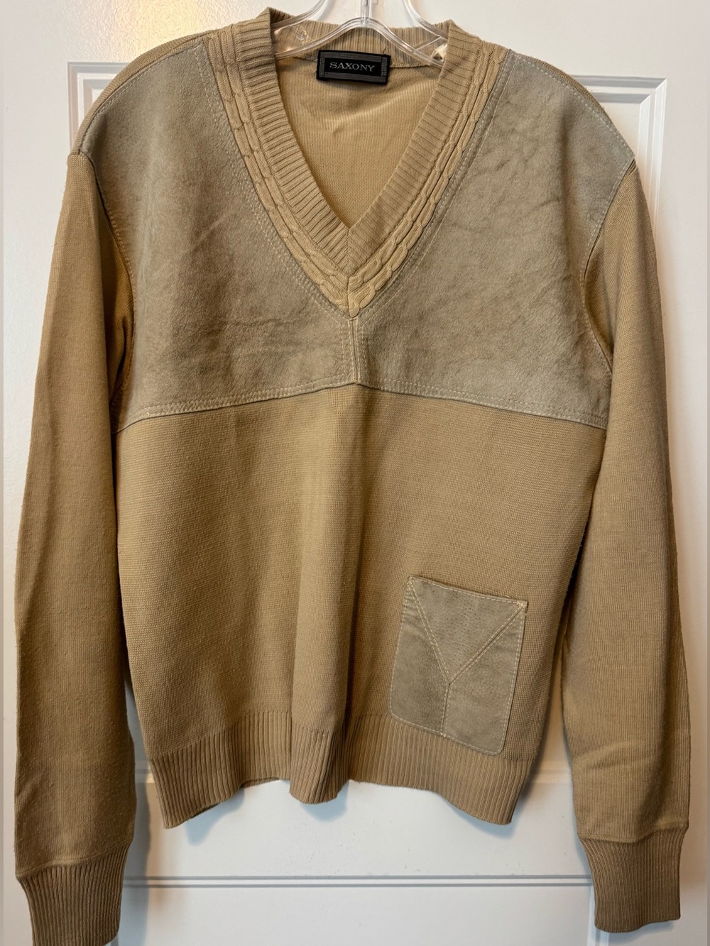 Vintage Saxony V Neck Sweater Genuine Leather Elbow Patches Tan Brown Unisex